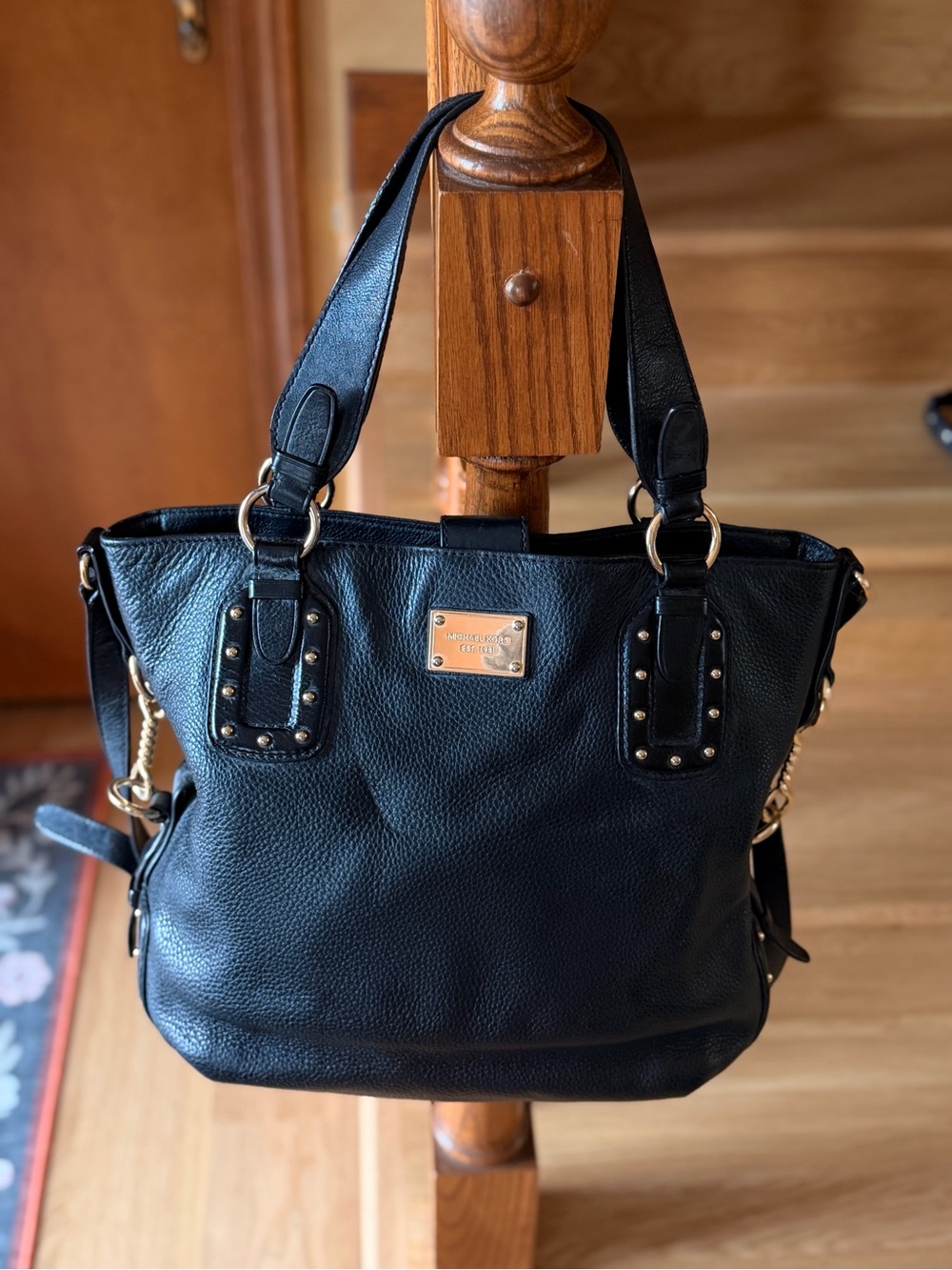 Michael Kors Black Pebbled Leather Studded Tote Shoulder Bag